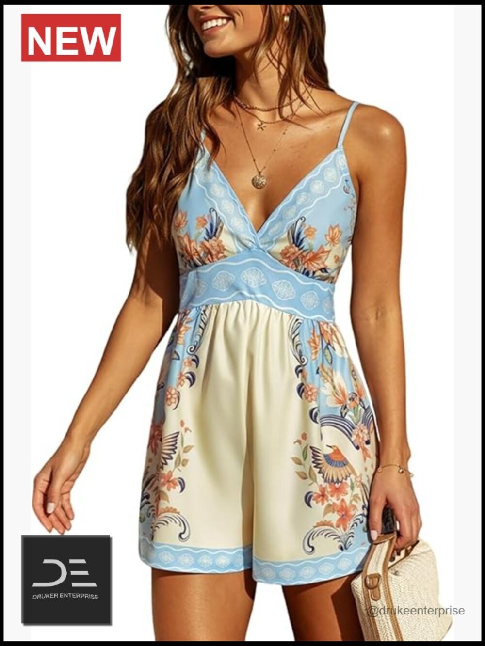 Floral Romper V-Neck Sleeveless Spaghetti Strap Elastic Waist Beach Summer